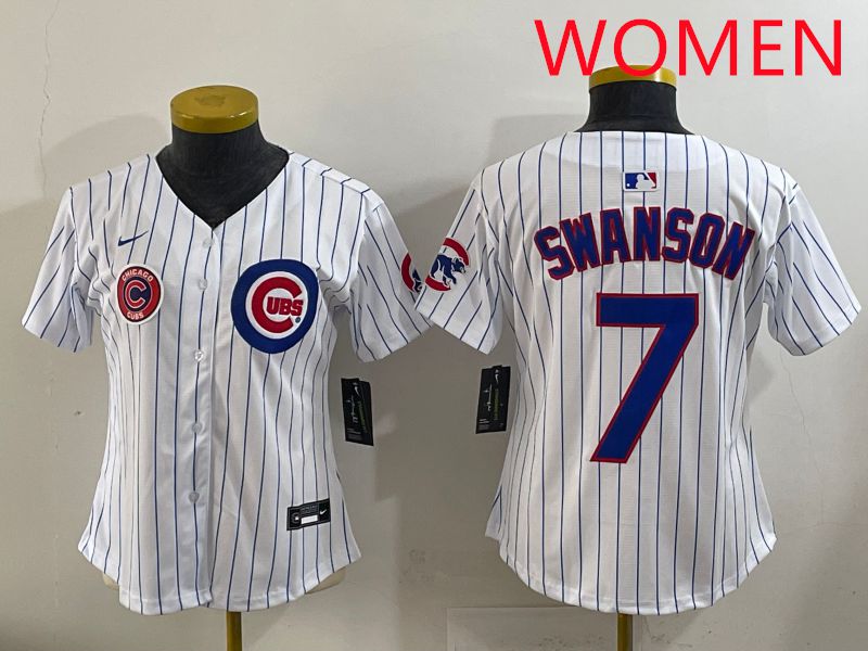 Women 2025 Chicago Cubs #7 Swanson White Stripe Game Nike MLB Jersey style 7->women mlb jersey->Women Jersey